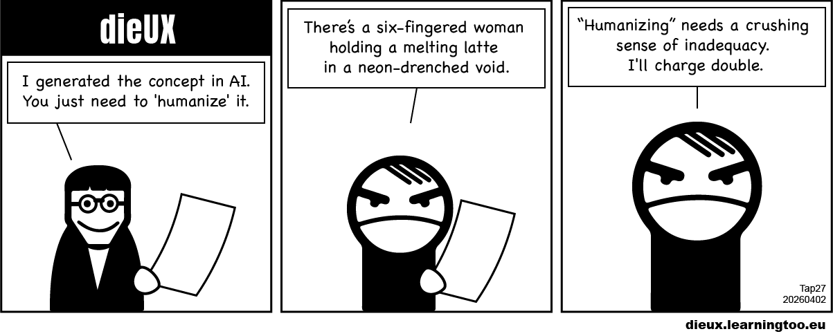 dieUX cartoon strip, Human concepts created 2nd April 2026 by Pat Godfrey