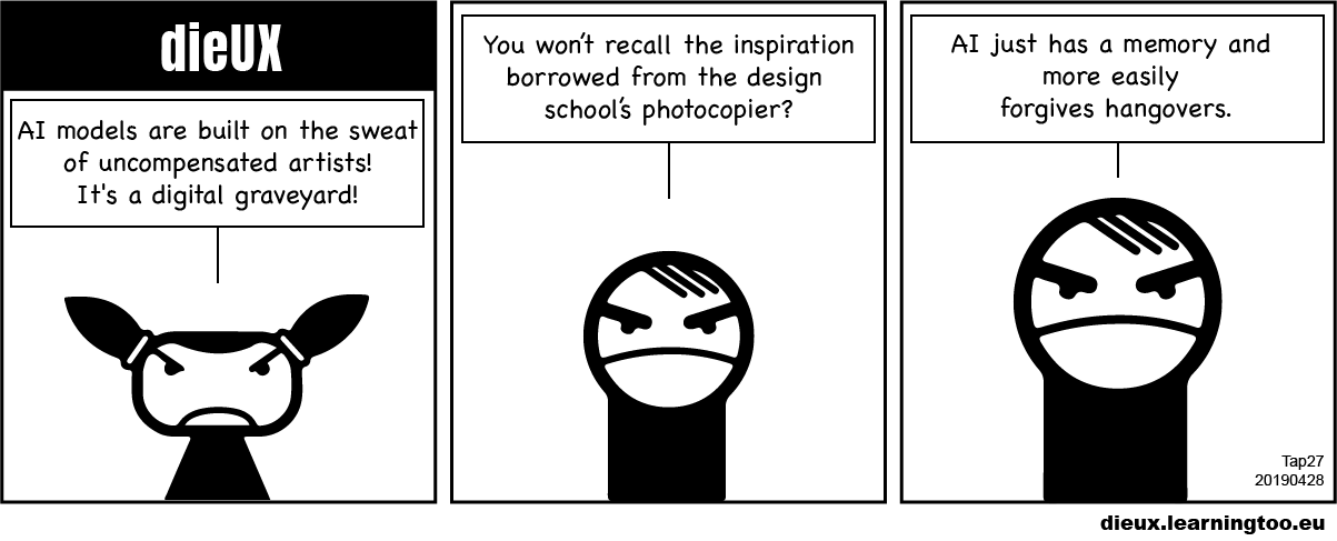 dieUX cartoon strip, Inspiration on a photocopier created 2nd April 2026 by Pat Godfrey